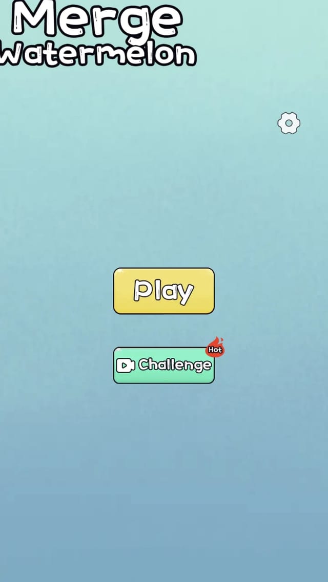 Merge Watermelon main menu with the hand-drawn game title, a yellow Play button, and a settings gear on a soft blue gradient