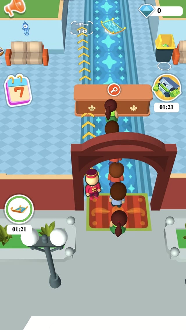 Idel Hotel main view showing the entrance arch with guests queueing on the red carpet, the reception desk with key icon and receptionist, the bellhop player and a +10 key build marker