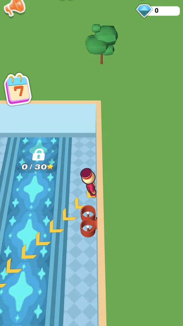 Idel Hotel corridor with a locked gate reading 0 / 30 stars on blue carpet, yellow chevron guides and the bellhop character beside red railings