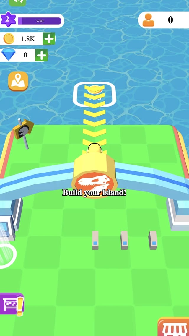 Mini Jurassic Park gameplay showing the keeper standing on a fossil-branded build pad while yellow chevrons point across the island to the next coin pad