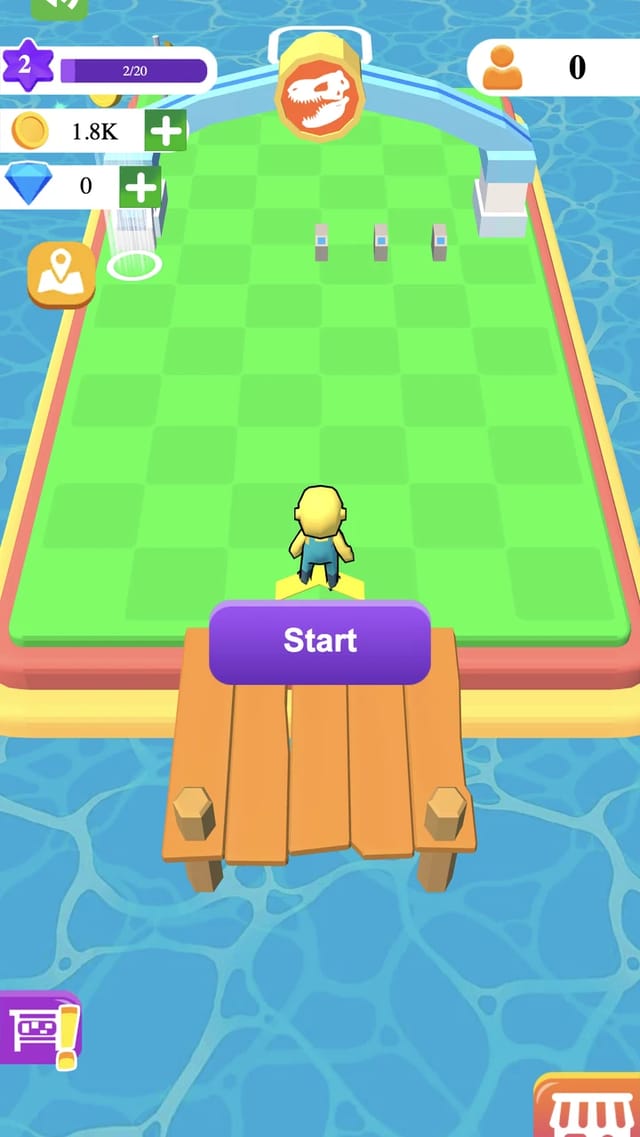 Mini Jurassic Park park overview with the yellow keeper on a wooden dock, a purple Start button, and star level, coin, gem and visitor counters along the top