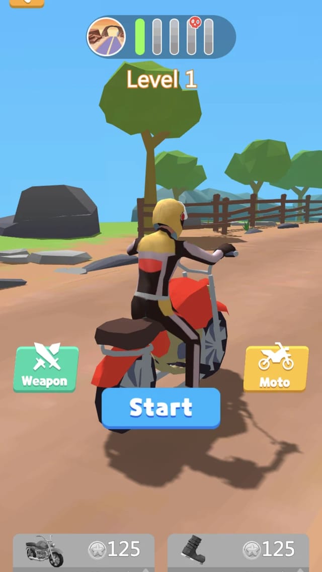 Moto Attack Bike Racing home screen with the rider on a red motorcycle under a Level 1 banner, a blue Start button, Weapon and Moto shop buttons, and two 125-coin upgrade cards at the bottom