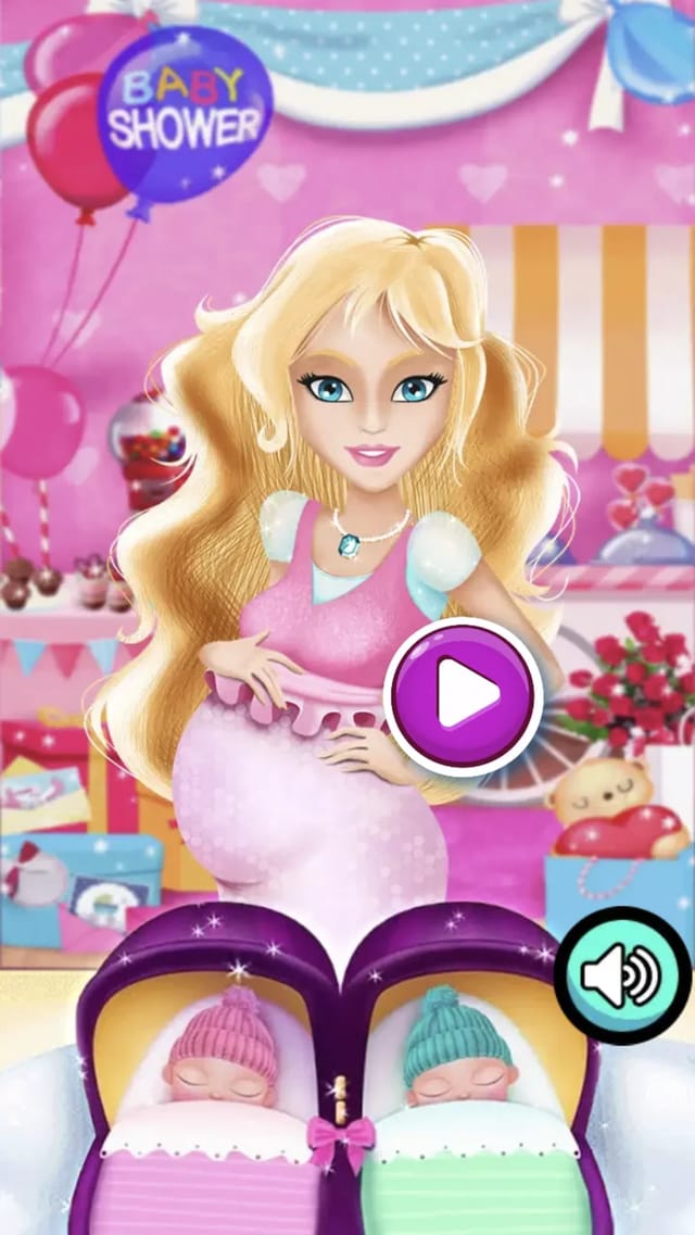 My New Twins Baby home screen showing a pregnant blonde mom under a Baby Shower balloon sign with a large pink play button, and the twins sleeping in a pink-and-green double stroller below