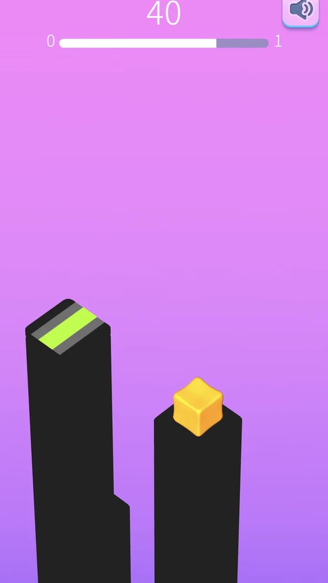Perfect Path gameplay with the jelly on a tower aiming at the next pillar marked with a green striped center zone, score 40 and a partly filled progress bar