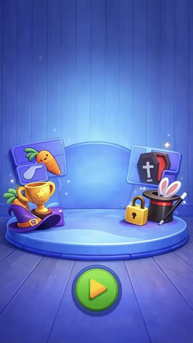 Picture Block Jam home screen showing the magician's stage with a trophy, wizard hat, rabbit-in-hat prop, level cards and the green play button