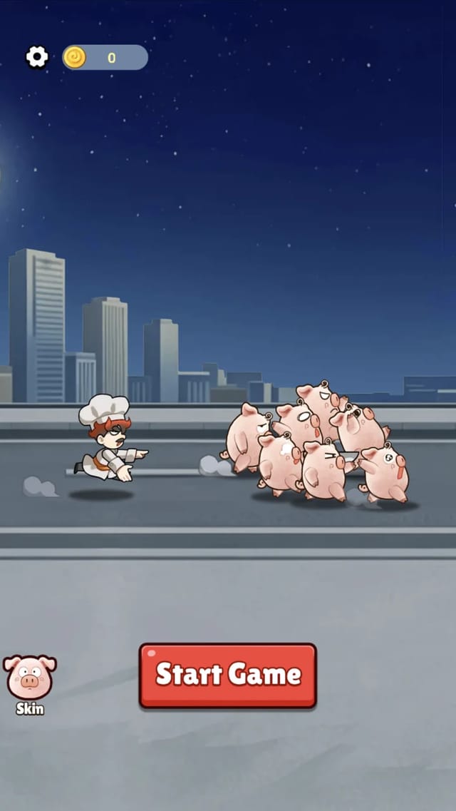 Piggy Tape Rescue home screen: a chef chasing piglets down a moonlit night street with the Start Game button, a Skin entry and the coin HUD