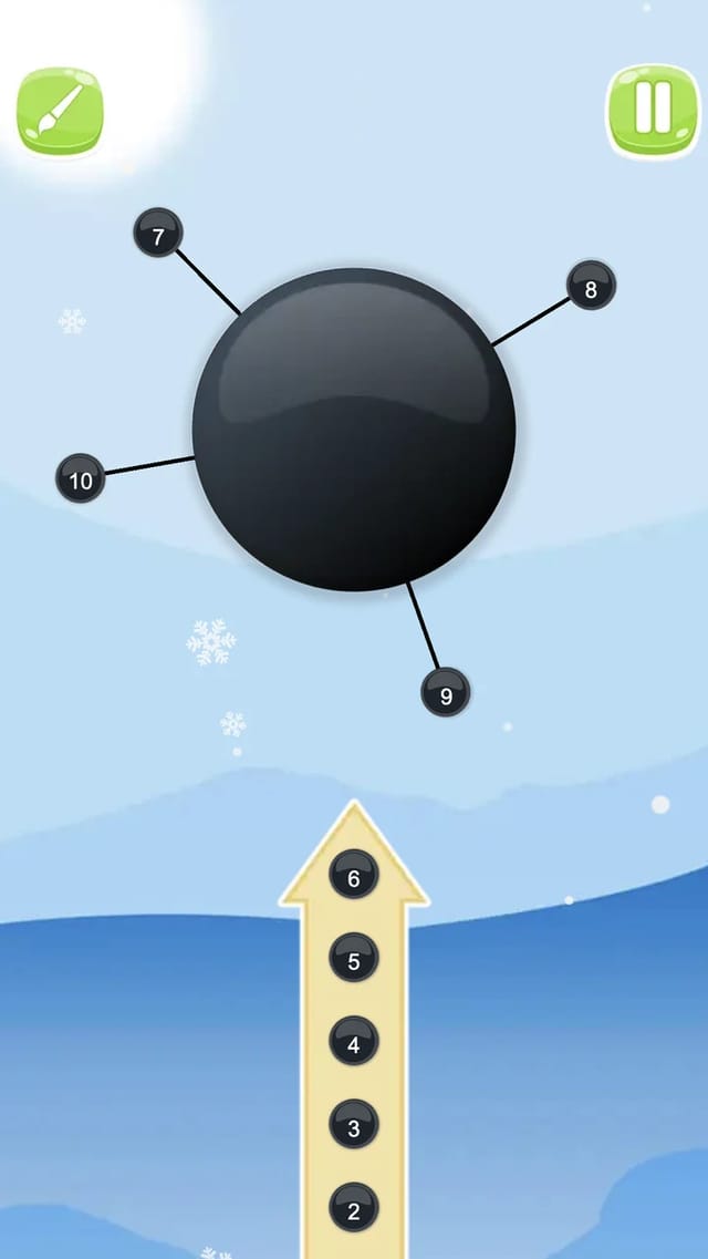 Pin Spin gameplay with four numbered pins stuck in a large black spinning wheel and the remaining pins numbered 6 to 2 waiting in the launcher below