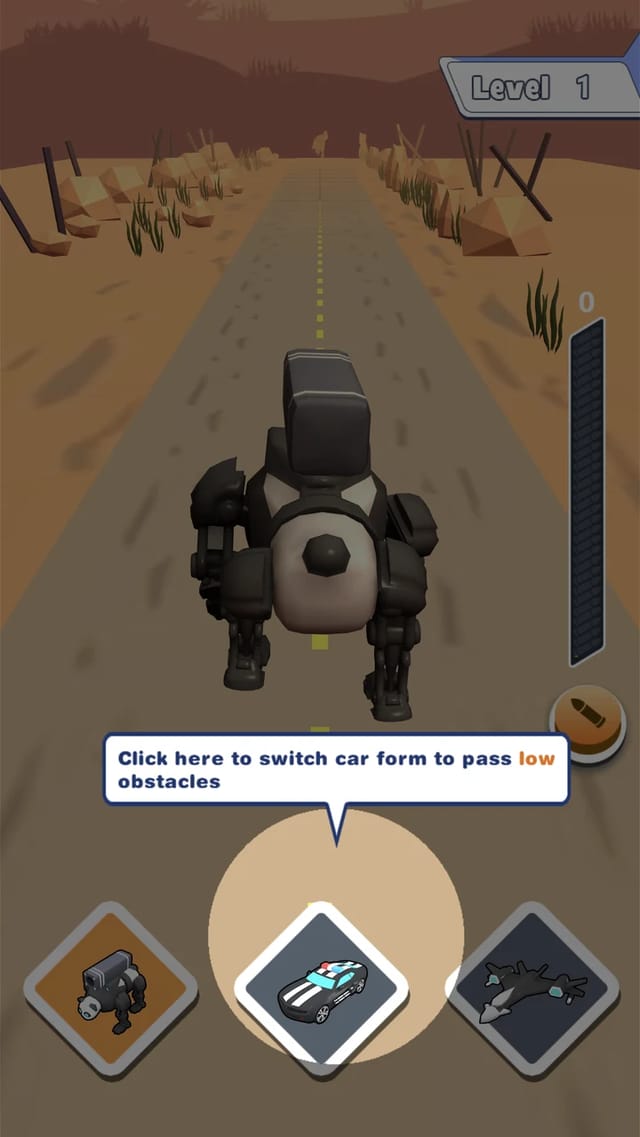 Police Panda Robot gameplay with the panda robot form walking down the road, three form buttons at the bottom and a speech bubble reading Click here to switch car form to pass low obstacles