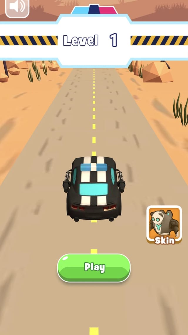 Police Panda Robot home screen showing a black and white checkered police car waiting on a desert canyon road under a Level 1 banner with a green Play button and a Skin button