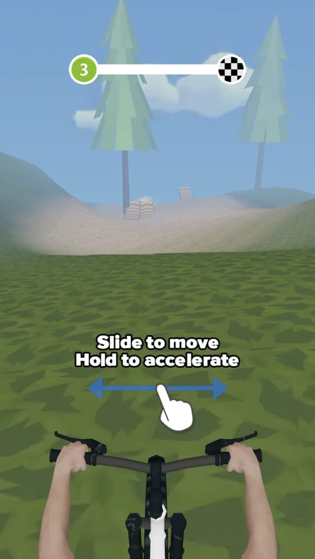 Real Riding Extreme gameplay from a first-person view behind the handlebars, with the level 3 progress bar leading to a checkered flag and on-screen text reading Slide to move Hold to accelerate