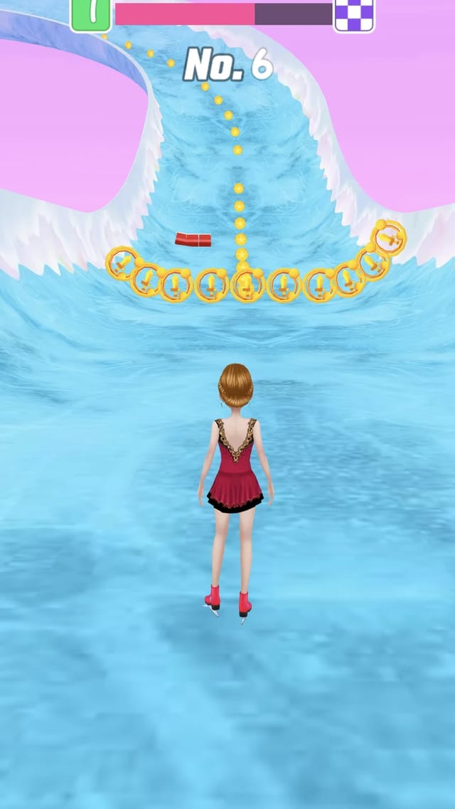 Roller Ski Queen race gameplay showing the skater from behind skating down a snowy track toward an arc of gold coins marked 1, with a red block obstacle on the left, a coin trail climbing the slope and the progress bar reading No. 6 at the top