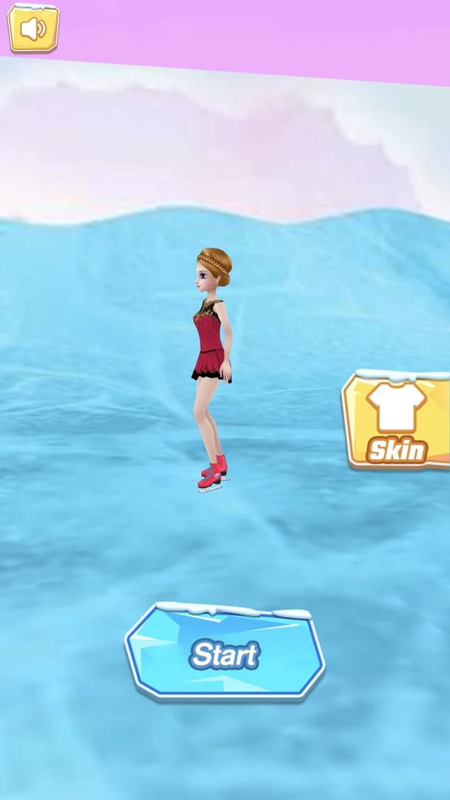 Roller Ski Queen home screen showing a skater in a red dress and red skates standing on a blue ice rink, with a sound button at the top left, a yellow skin button on the right and an ice-blue Start button below