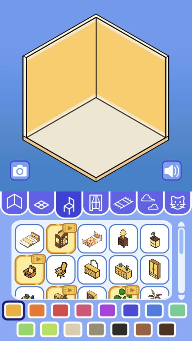 Room Design main screen showing an empty isometric room with two yellow walls and a white floor, seven category tabs, a scrollable furniture tray and two rows of color swatches below