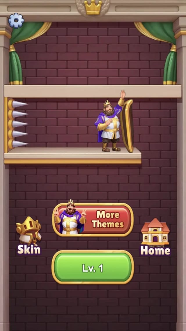 Royal Tile Rescue main menu: the cartoon king waving from his platform beside a spiked wall, with the Lv. 1 start button and Skin and More Themes entries