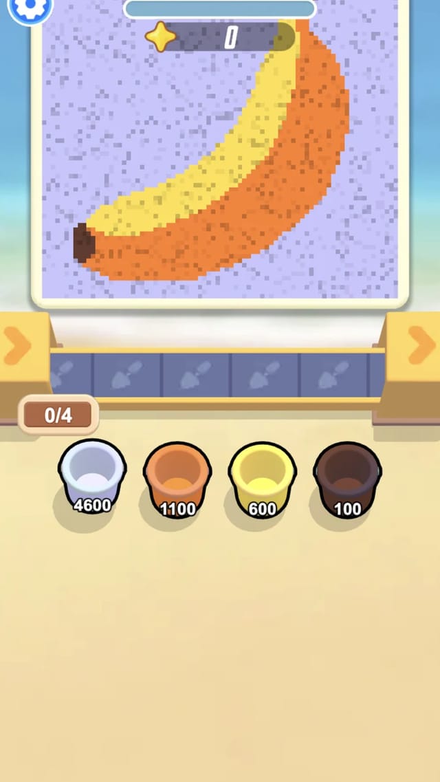 Sandy Jam level one start: intact banana pixel-sand picture, four-bucket color queue and a 0/4 conveyor counter
