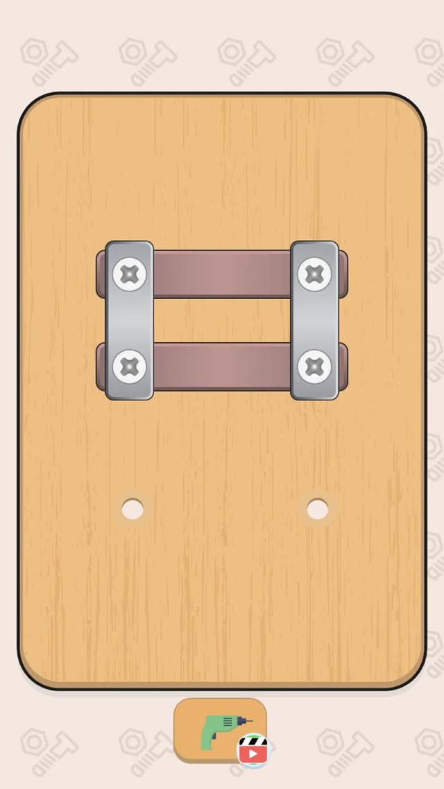 Screw Puzzle Level 2 with four screws, two empty holes, and two metal bars on a wooden board
