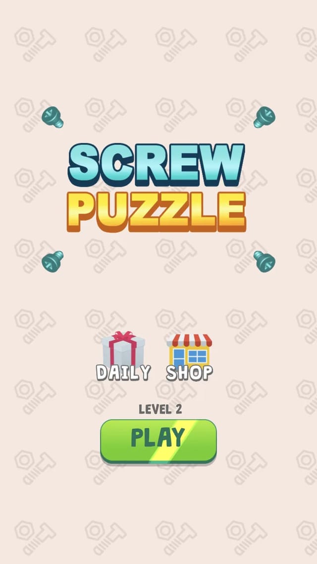 Screw Puzzle level select screen showing the Play button, daily reward, shop, and Level 2 progress