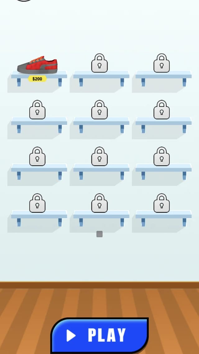 Shoes Maker home screen showing a sneaker shop wall of twelve white display shelves, the first one holding a finished red sneaker with a yellow $200 price tag while the other eleven stay padlocked, a cash counter reading 300 and a blue PLAY button below