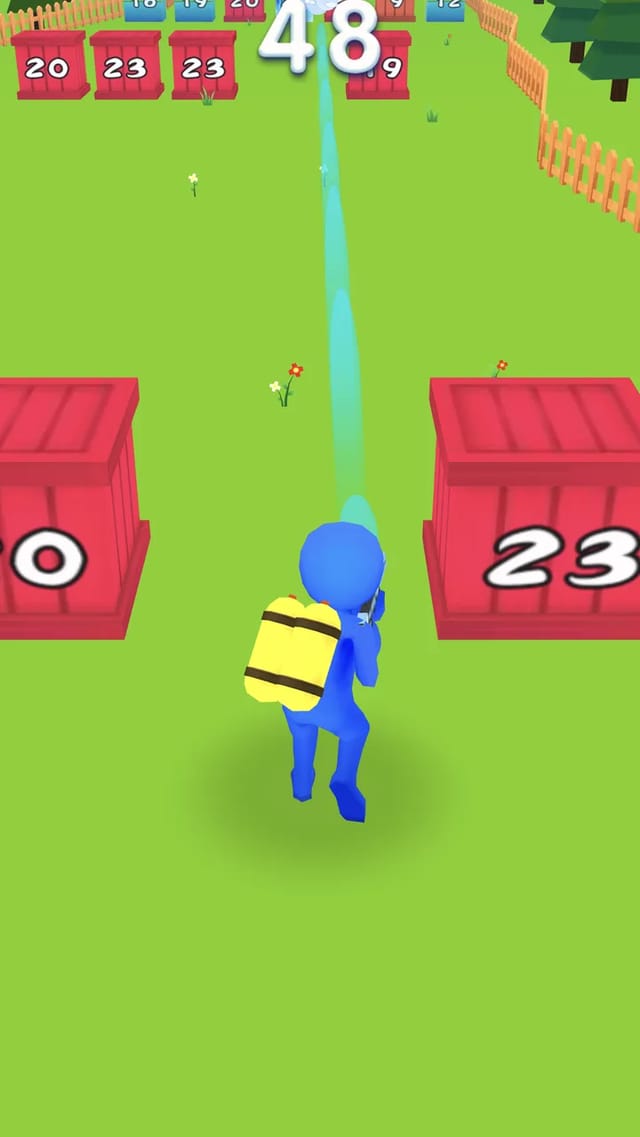Shoot And Run gameplay showing the stickman runner firing a bright blue bullet stream up the track with a score of 48 overhead, passing between a red block already shot down to 0 on the left and a red 23 block on the right