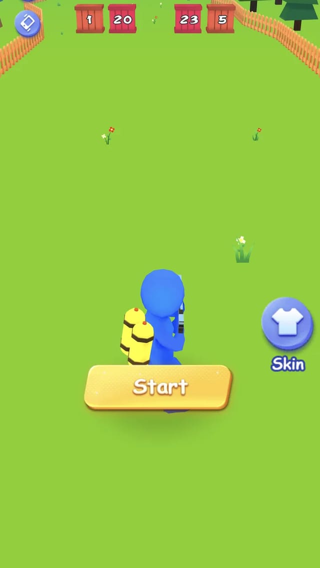 Shoot And Run home screen showing a blue stickman runner with a yellow backpack and a pistol standing on a grass track behind a large Start button, a Skin button at the right and red numbered blocks reading 1, 20, 23 and 5 waiting ahead between wooden fences