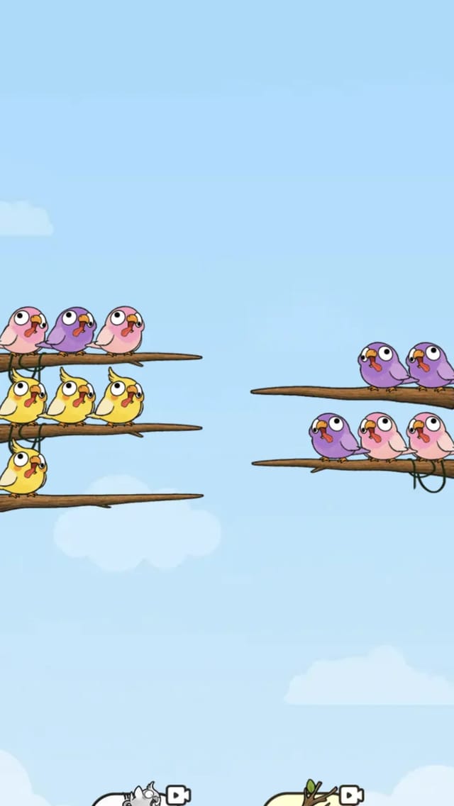 Sort Birds level 1 board with pink, purple and yellow birds perched on five branches, the 200-second timer up top and Undo and Branch boosters below