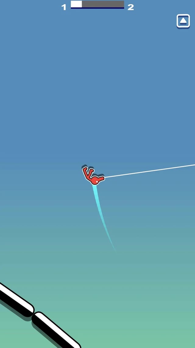 Stickman Hook gameplay showing the red stickman mid-swing on a white rope with a cyan motion trail, the level 1 to 2 progress bar at the top and black-and-white striped beams below