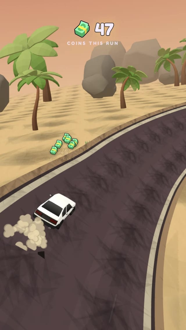 Stunts Cash gameplay with the white car drifting on a desert road past a trail of cash bundles, the run coin counter showing 47 at the top
