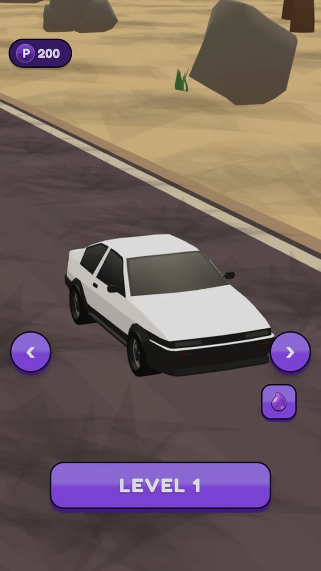 Stunts Cash garage home screen showing the starter car between left and right arrows, a 200-coin wallet, a LEVEL 1 start card and Store, Garage and Cup tabs