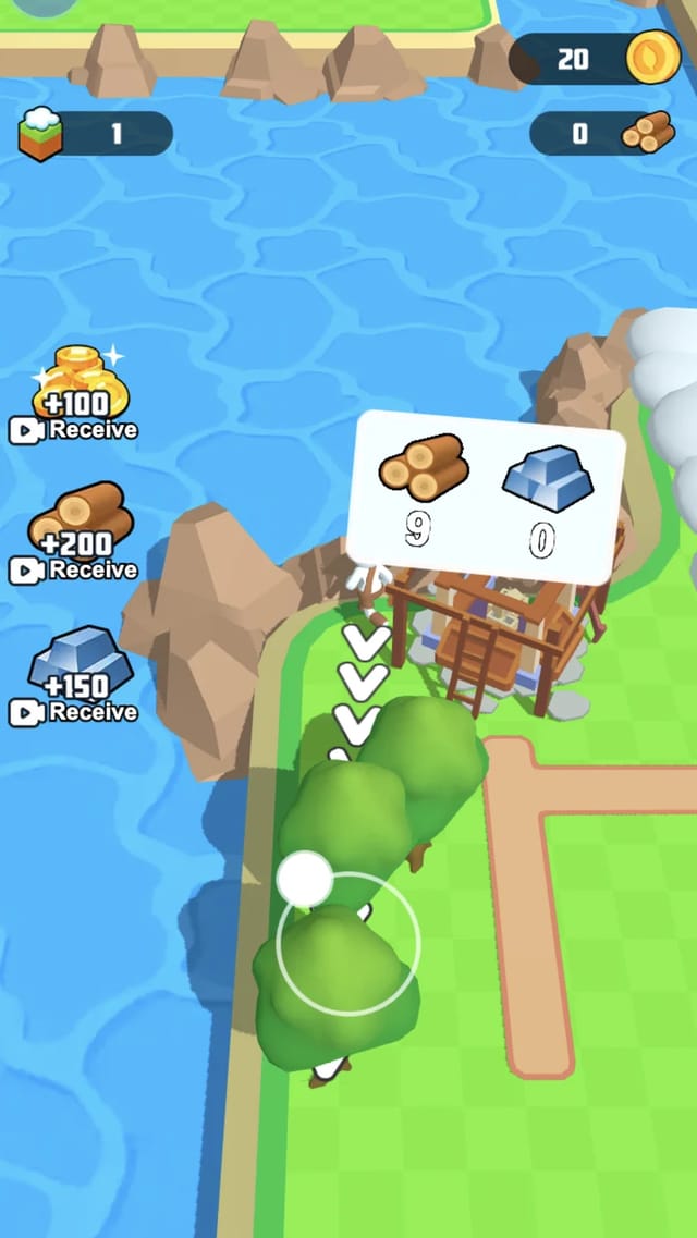 A build pad in Sunny Farm Isle draining coins one by one, its bubble down from 15 to 9 wood, with 20 coins in the HUD and the joystick touch ring visible