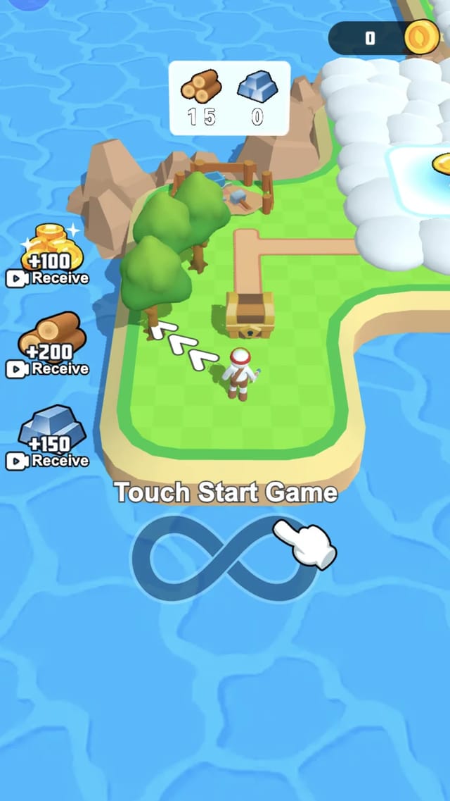 Sunny Farm Isle opening view: the worker on a tropical island with a Touch Start Game prompt, a build-price bubble and the coin HUD