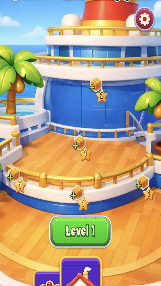 Superhero Match home screen set on a cartoon cruise ship deck, with the Level 1 button under numbered level badges and hearts, energy and star counters across the top