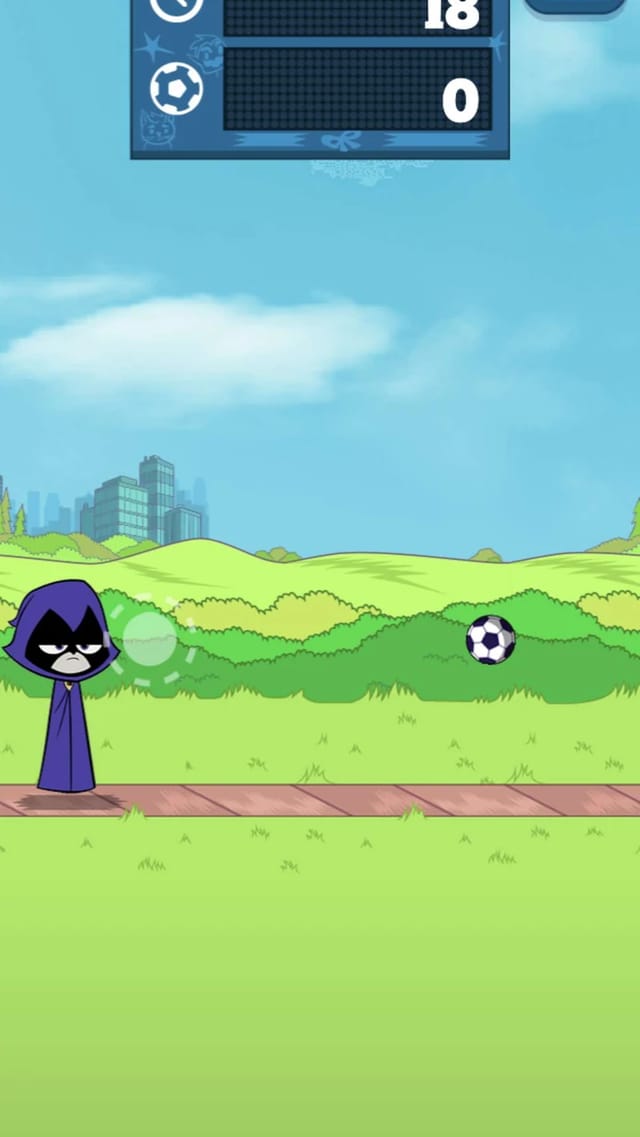 Teen Titans Go! gameplay showing Raven waiting on the park sidewalk as a soccer ball bounces toward her from the right, with the match scoreboard above showing an 18 second clock and a zero goal count