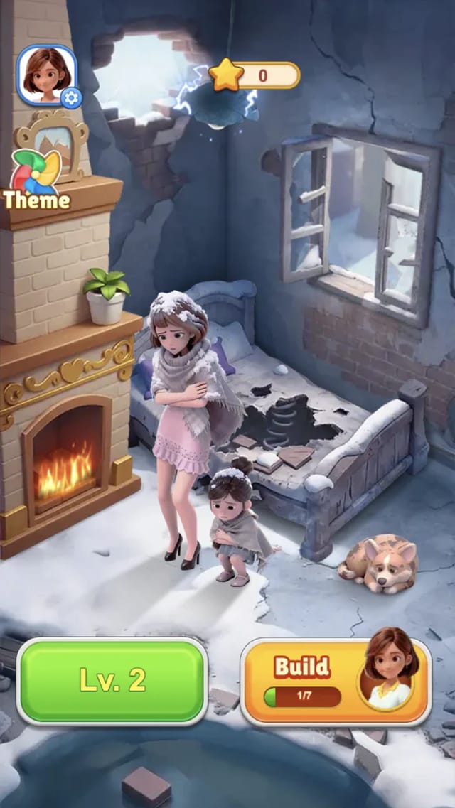 Renovated room in Tile Makeover Story with the fireplace relit, the mother, daughter and dog inside, and a star counter showing Build 1 of 7 progress