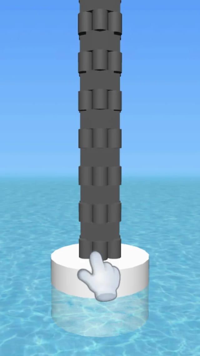 Tower Crash 3D home screen showing a silhouetted block tower standing on a white round platform over open water, with a tap-to-start tutorial hand pointing at the tower base