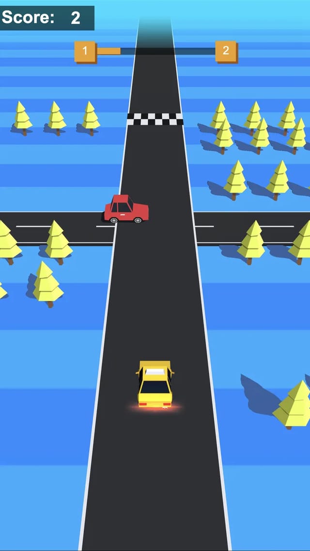 Traffic Run Puzzle gameplay showing the yellow taxi driving up a vertical road past a checkered start line while a red car crosses at the intersection ahead, with a score of 2 and level 1 to 2 progress markers at the top
