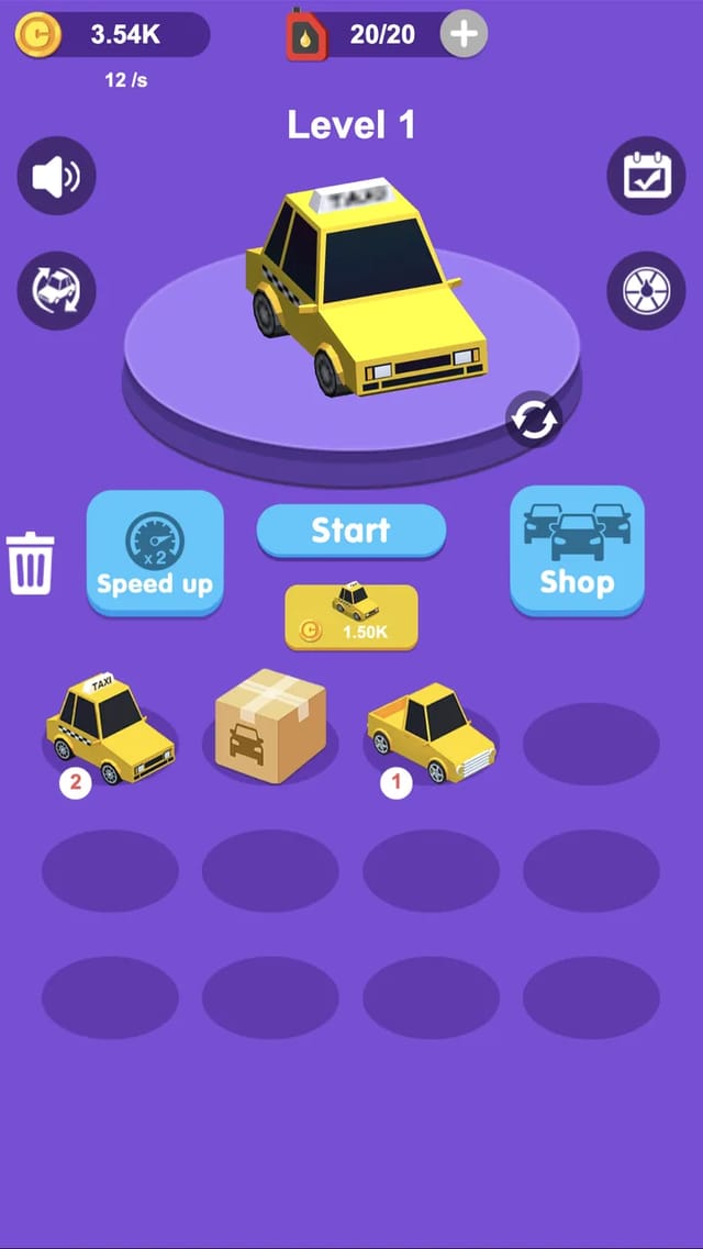 Traffic Run Puzzle garage screen showing a yellow level 2 taxi on a rotating platform, a coin balance of 3.54K earning 12 per second, a 20 of 20 fuel gauge, Level 1, Speed up, Start and Shop buttons, a car purchase button, and a parking grid holding a taxi, a boxed delivery and a pickup truck