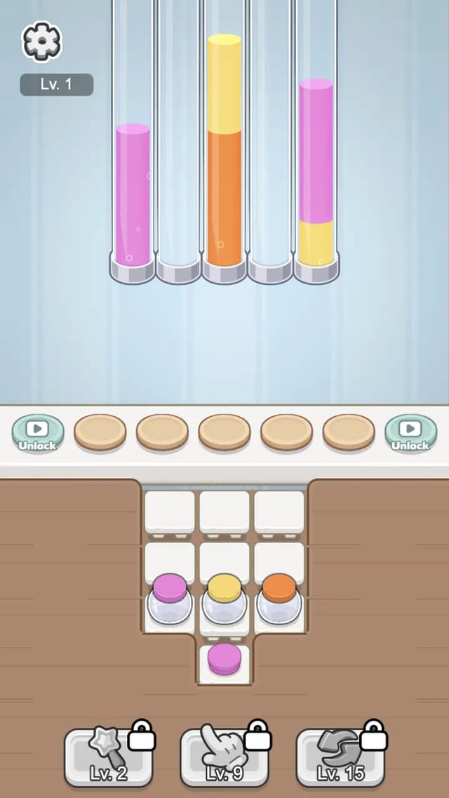 Water Sort Jam right after a full bottle leaves: empty queue slots on the collector, drained pipes holding fewer layers and the capped-bottle shelf reshuffled
