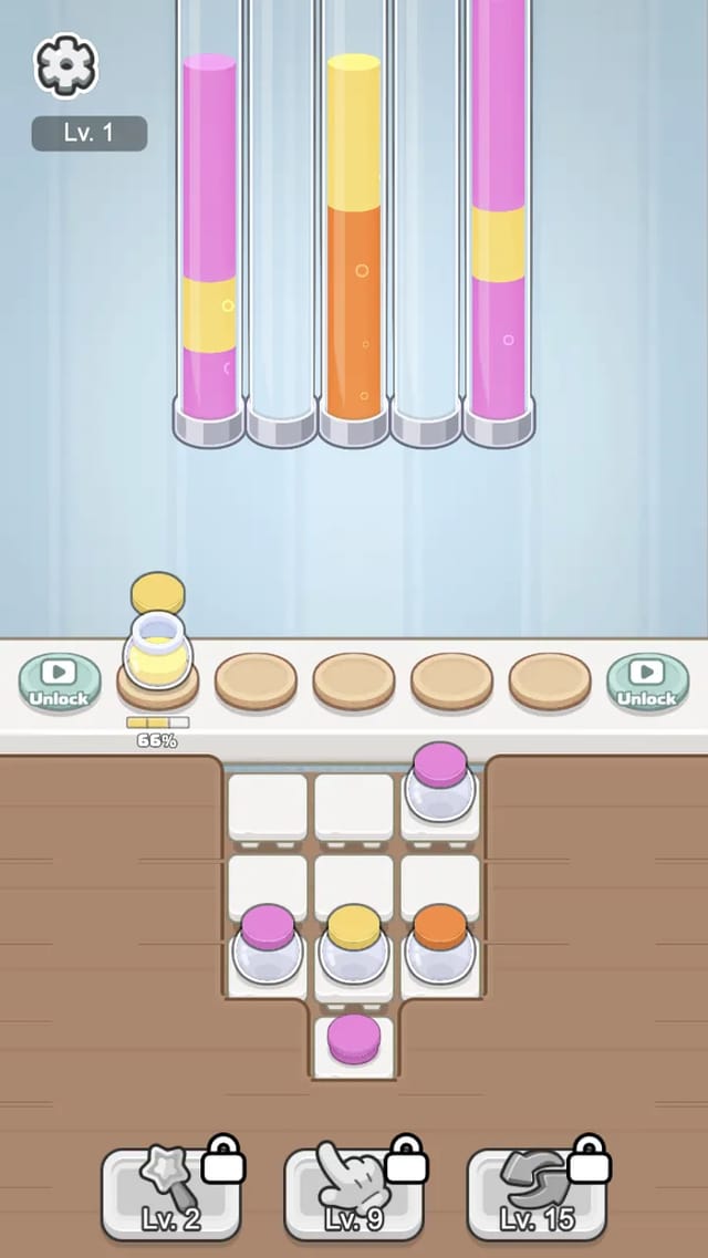 Water Sort Jam level 1 collector in action: a yellow bottle filling to 65 percent beneath five tall layered pipes while capped bottles wait on the shelf below