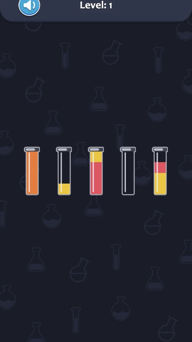Water Sort Puzzle level 1 mid-play showing the left tube filled with a single orange color, yellow water poured into the second tube, and the remaining tubes holding stacked red and yellow layers