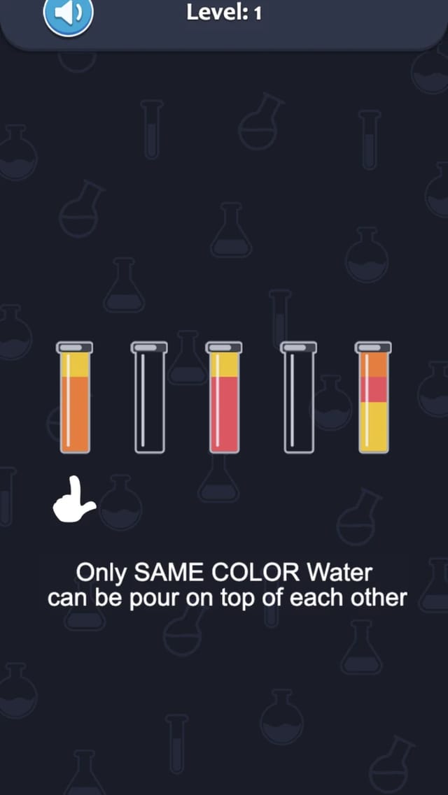 Water Sort Puzzle level 1 opening showing five test tubes, two empty and three holding stacked yellow, orange and red water layers, with a guiding hand pointer, the rule text Only SAME COLOR Water can be pour on top of each other, and a sound button