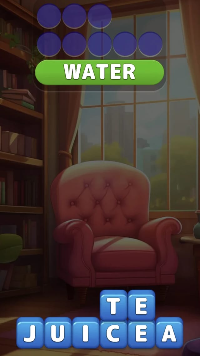 Word Block board on the Drinks theme with WATER filled into a green word slot and the remaining letter blocks J U I C E A stacked below in a cozy reading room