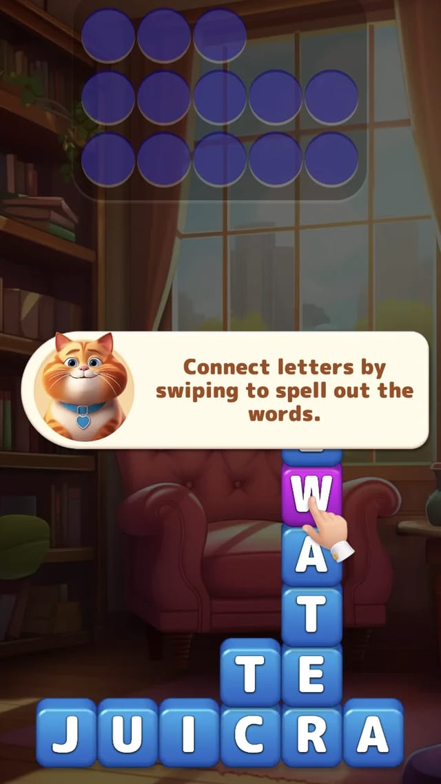 Word Block tutorial with the cat mascot explaining swipe-to-spell beside a finger demo dragging down the W A T E R letter column