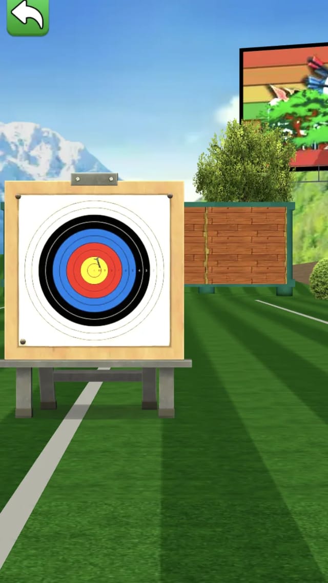World Archery League 3D range with an arrow stuck in the bullseye, HUD score 10 and a Stage 2/5 indicator