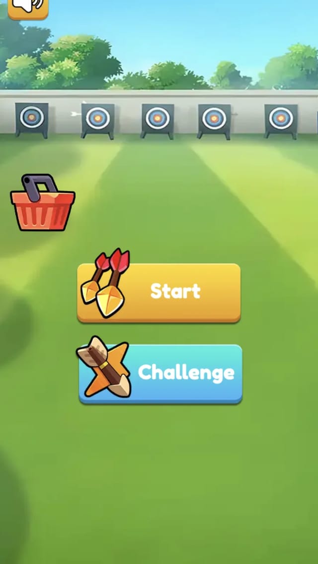 World Archery League main menu with Challenge and Start entries, a shop basket and the archery range backdrop