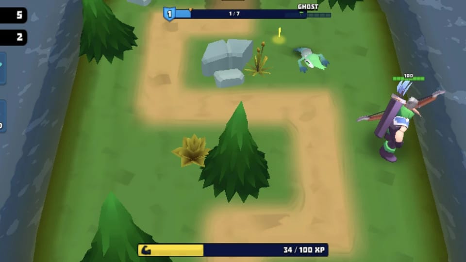 Archero combat: the archer aims his bow at a Ghost monster showing its own health bar, with the kill counter at two, the XP bar at 34 of 100 and a coin drop on the path