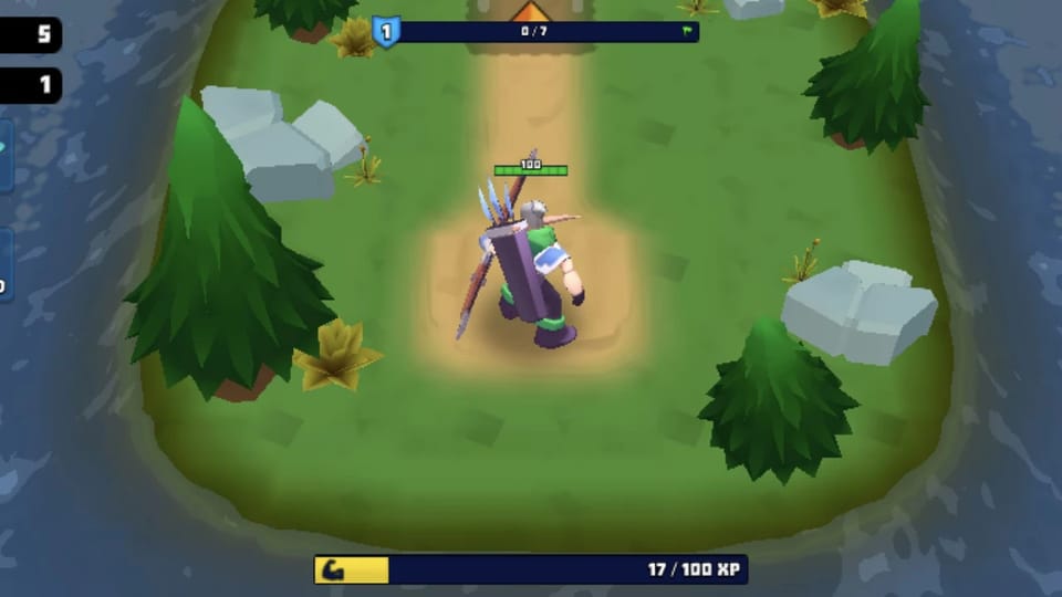 Archero level 1 opening: the archer stands on a winding dirt path through a grassy valley with pine trees and rocks, health bar at 100 above him, room progress 0 of 7 at the top and an XP bar at the bottom