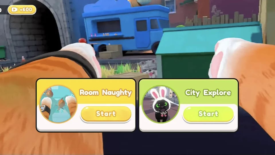 Cat Chaos Prankster main menu: first-person orange cat paws frame an alley scene while two mode cards offer Room Naughty and City Explore, each with a Start button, next to a Skin button and a 200-coin balance