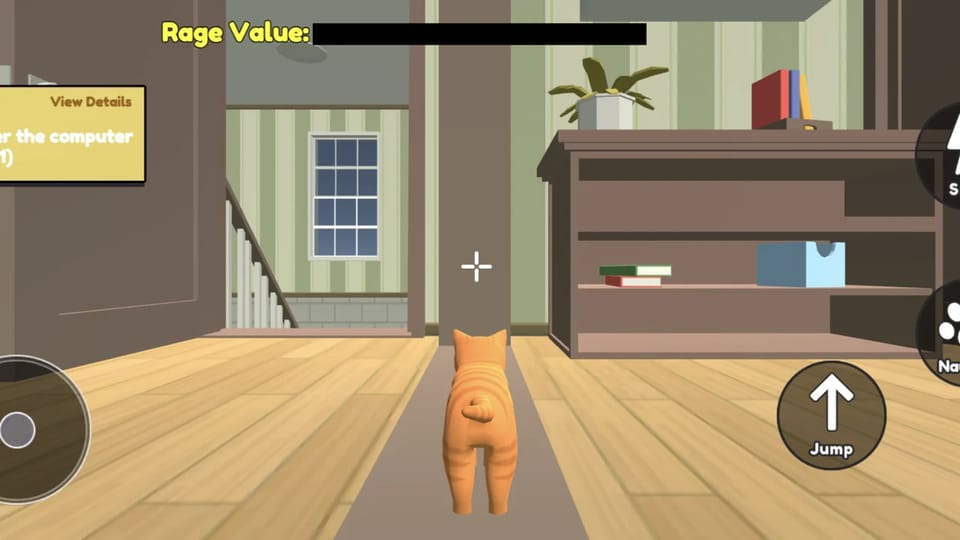Room Naughty gameplay: the orange cat pads across a wooden floor toward a bookshelf, with the Cat task panel reading Knock over the computer screen 0 of 1, an empty Rage Value bar at the top and the joystick, Naughty paw and Jump buttons on screen