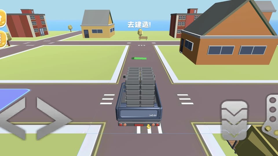 City Constructor Driver 3D gameplay: the truck hauls a full stack of grey bricks down the road toward an intersection with the Go build marker ahead, steering arrows at the bottom left and accelerator and reverse pedals at the bottom right