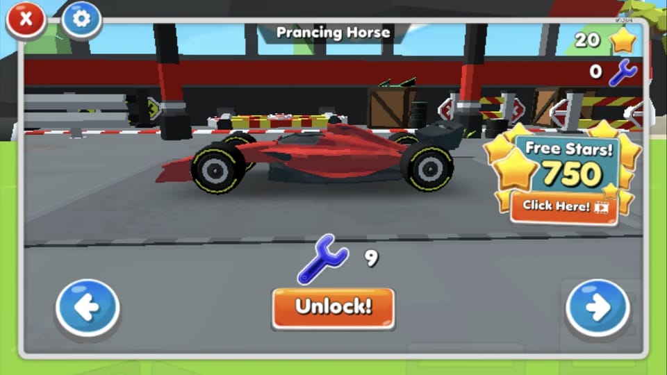 Crazy Car garage menu: the red Prancing Horse formula car sits on the 3D carousel with an Unlock button priced at nine wrenches, carousel arrows on both sides and the star and wrench totals above